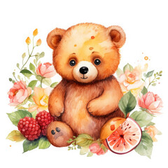 Bear flower and fruits Illustration, Generative Ai