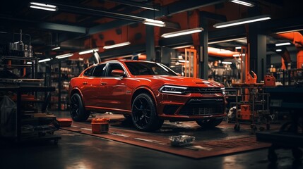 The image shows a red Dodge Charger SRT Hellcat parked in a garage