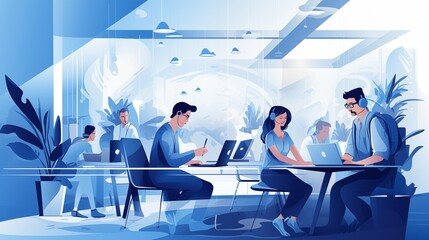 Call Center. Office people working. Men and women in headsets answering customer calls. Vector illustration. Online technical support hotline. Customer Help Hotline Team Internet Chat Communication - obrazy, fototapety, plakaty