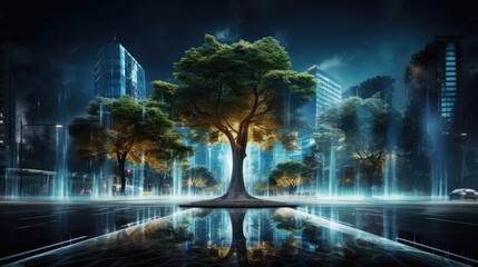 Bioluminescent trees lighting up city streets