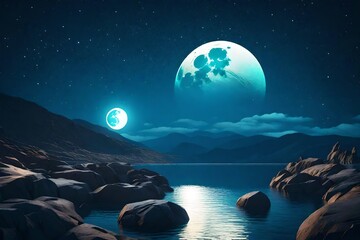 abstract background with landscape and bright moon, round geometric shape glowing in the dark. Rocks and water under the starry night sky. Mystical fantasy wallpaper