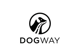 dog and way logo design. pet care white linear style concept element symbol vector illustration.