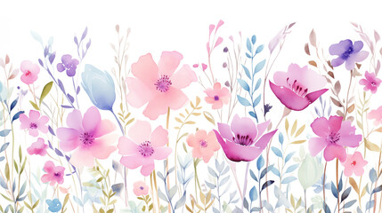 Watercolour illustration, wild blooming floral pattern, greeting card template