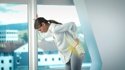 Young businesswoman in office bends forward with back pain. Concept of incorrect posture and sitting position. Animation of spine, medical problem