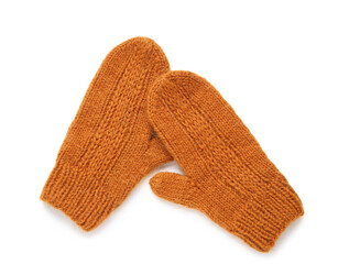 Warm knitted mittens isolated on white background