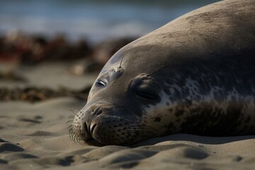 Zoomed view of marine mammal resting on sandy shoreline. Generative AI