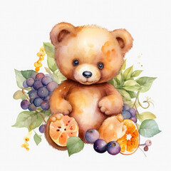 Bear flower and fruits Illustration, Generative Ai