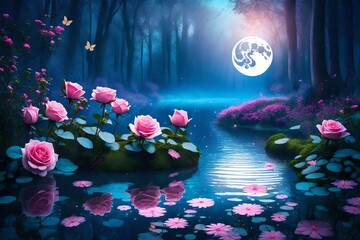 Fototapeta na wymiar Fantasy magical enchanted fairy tale landscape with forest lake, fabulous fairytale blooming pink rose flower garden and butterflies on mysterious blue background and glowing moon ray in night