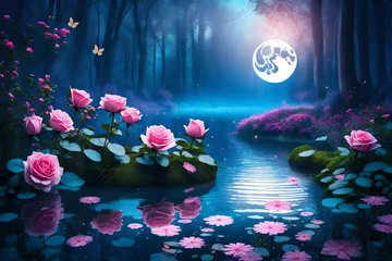 Poster Fantasy magical enchanted fairy tale landscape with forest lake, fabulous fairytale blooming pink rose flower garden and butterflies on mysterious blue background and glowing moon ray in night © Amazing-World