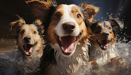 Cute puppy and playful dog splash water, creating fun outdoors generated by AI