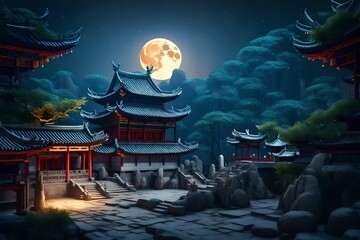 Beautiful Fantasy landscape with ancient night and full moon. village. Trees. 3D vector illustration. Digital