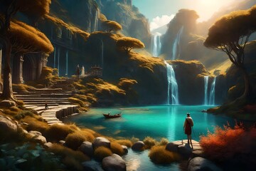 beautiful fantasy digital art of people and nature landscapes 3d illustration.
