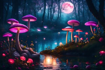 Fantasy mushrooms with lanterns in magical enchanted fairy tale landscape with forest lake, fabulous fairytale blooming pink rose flower garden on mysterious background, glowing moon ray in dark night - obrazy, fototapety, plakaty