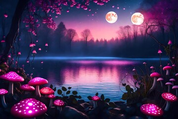 Fantasy mushrooms with lanterns in magical enchanted fairy tale landscape with forest lake, fabulous fairytale blooming pink rose flower garden on mysterious background, glowing moon ray in dark night - obrazy, fototapety, plakaty