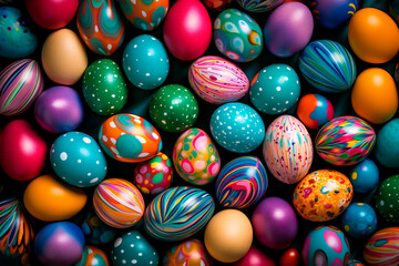 Fototapeta na wymiar Top view of a vibrant background filled with hand-painted or dyed Easter eggs. The colorful eggs create a bright and festive texture in a closeup or macro composition. Bright image. 