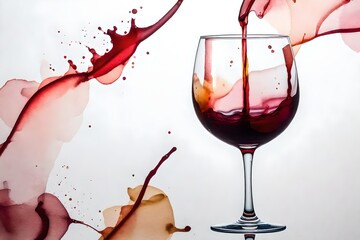 Wine glass painted with watercolors on white background. Study of a wine glass. Red wine. Abstract marks and stains on the glass.