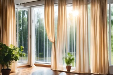 Window curtains in the house Outside the glass is rainy daytime,Curtain interior decoration in living room with sunlight.soft focus.