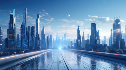 A futuristic cityscape with towering skyscrapers