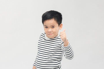 Banner of Happy asian boy shows thumbs up gesture  on white background