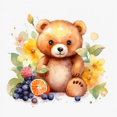 Bear flower and fruits Illustration, Generative Ai