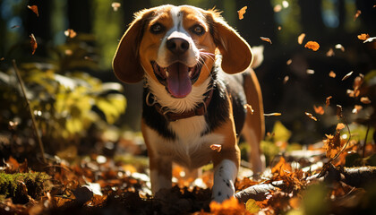 Cute puppy sitting in grass, looking at autumn leaves generated by AI