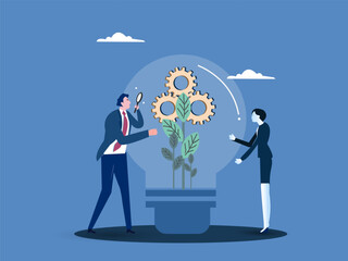 ESG, Environmental, Social and Corporate Governance, company responsibility to care world environment and people concept, business people touch light bulb with seedling green plant and governance gear