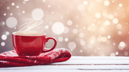 Winter background with a red cup of hot cappuccino and Christmas bokeh. - Powered by Adobe