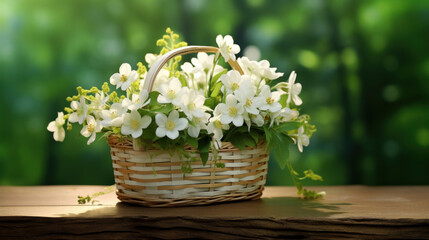 Wicker basket with white flowers against a background of blurred trees