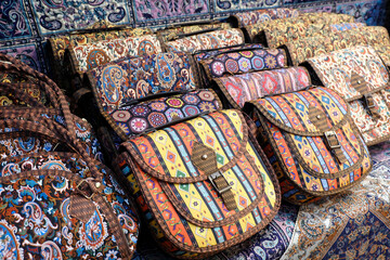 Colorful handcrafted cotton hand bags for sale in the local market., Pune, India.