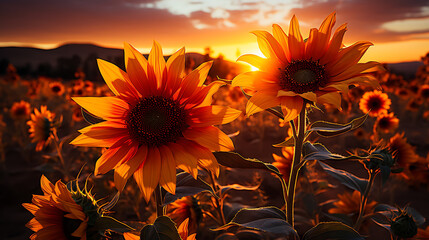 the radiant beauty of sunflowers bathed in the warm hues of a sunset. Generative Ai