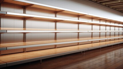 Empty grocery store shelf, ideal for product renderings, providing a clean and versatile space to showcase various items and enhance visualizations.