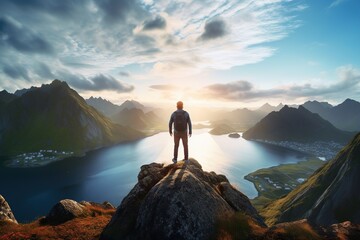 Man standing on the top of a mountain and enjoying the view