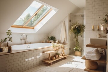 Fototapeta na wymiar Pretty clean minimalist attic bathroom with white walls and big window