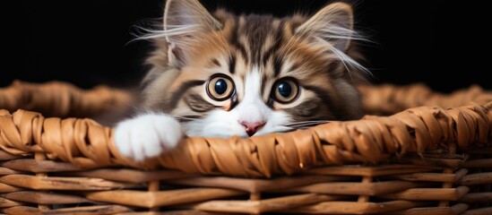 Cat in basket gazes at camera