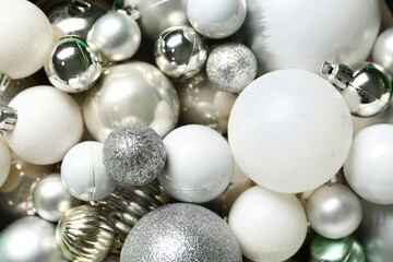 White and silver Christmas balls as background