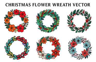 Christmas Flower wreath Vector illustration set, Colorful Flower wreath Clipart Bundle