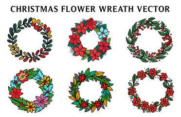 Christmas Flower wreath Vector illustration set, Colorful Flower wreath Clipart Bundle