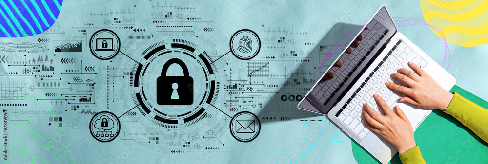 Poster internet network security concept with person using a laptop computer