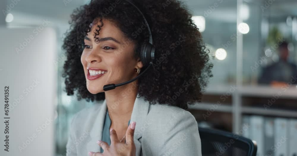 Poster computer, call center and funny woman in customer service, tech support and talk to contact at help 