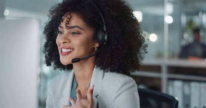 Computer, call center and funny woman in customer service, tech support and talk to contact at help desk. Communication, telemarketing and African sales agent laughing, consulting and crm advisory