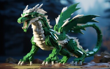 Plastic toy Green dragon assembled from pieces of construction set, AI - obrazy, fototapety, plakaty