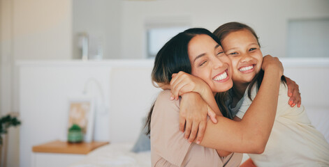 Face, smile and a mother hugging her daughter in the bedroom of their home in the morning together. Family, love and a happy young girl embracing her single parent while on a bed in their apartment - obrazy, fototapety, plakaty