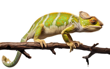 Beautiful and Colorful Pet Chameleon in Tree Branch Isolated on Transparent Background PNG.