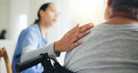 Woman, hand and nurse with patient in wheelchair for elderly care, support or trust at old age home. Closeup of medical doctor or caregiver listening to person with a disability for health advice - obrazy, fototapety, plakaty