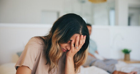 Frustrated couple, fight and divorce with headache in bed, disagreement or argument at home. Upset woman and man in cheating affair, toxic relationship or stress for breakup or dispute in bedroom - obrazy, fototapety, plakaty