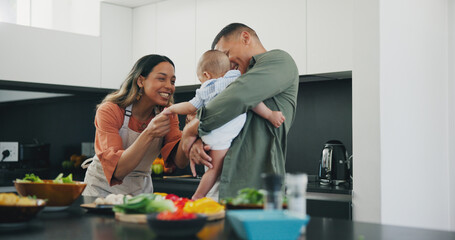 Family, smile and play or cooking, love and bonding or fun, relax and support or laughing at home. Happy parents and baby, connect and humor or funny, joy and relaxed or silly, goofy and kitchen