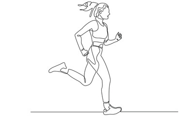 single continuous line drawing of a young woman athlete running fast.Sport running woman concept of sports, fitness, athletics, running, jogging, gym, fast run, speed, human. Vector illustration .