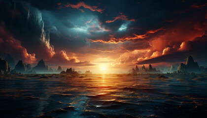Sunset over the cityscape creates a tranquil, dramatic, futuristic atmosphere generated by AI