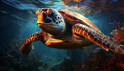 Obraz premium A beautiful sea turtle swimming in the underwater reef generated by AI