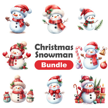 Watercolor Cute Christmas Snowman Clipart bundle, Winter Clipart Bundle, Holiday Digital Planner, Collage Images, Paper Craft